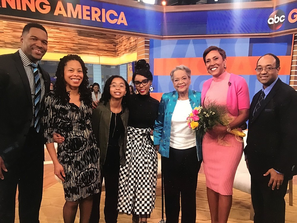 Raye Montague, third from right, and Dr. David Montague, right, pose with the hosts and guests of “Good Morning America” after Raye Montague appeared on the show in 2017. (Contributed)