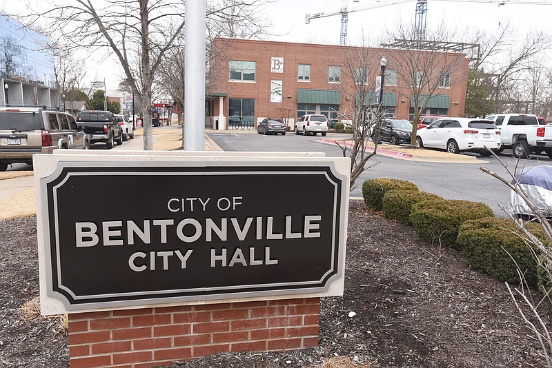 A new sign is seen on  Tuesday Dec. 29 2020 at the new Bentonville City Hall building at 305 S.W A St. .(NWA Democrat Gazette/Flip Putthoff)