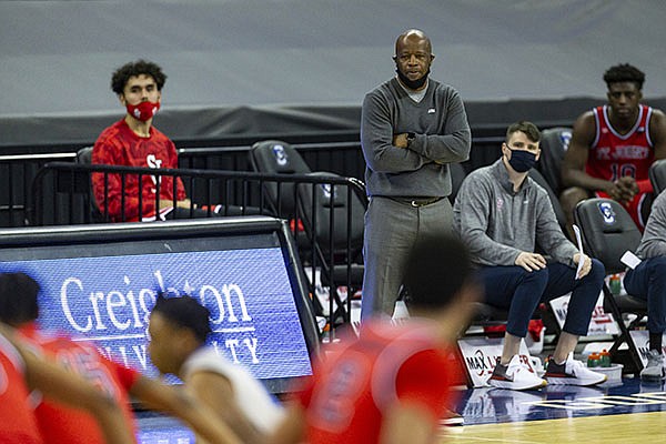 St. John's head coach Mike Anderson watches from the sideline during the second half if an NCAA college basketball game against Creighton, Saturday, Jan. 9, 2021, in Omaha, Neb. (AP Photo/John Peterson)