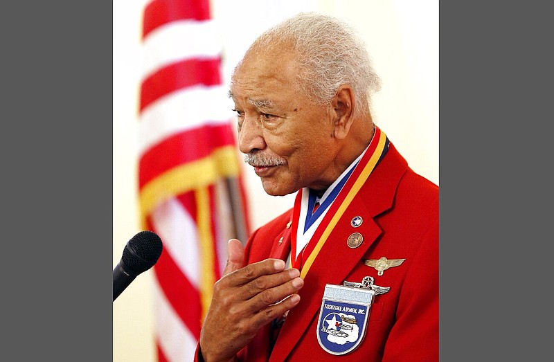 U.S. Air Force Lt. Col. (Ret) Robert Ashby, a Tuskegee Airman, speaks at the Arizona state Capitol in Phoenix in this Sept. 26, 2013, file photo. The Tuskegee Airmen were the first Black military aviators in the history of the United States armed forces. (AP/Matt York)
