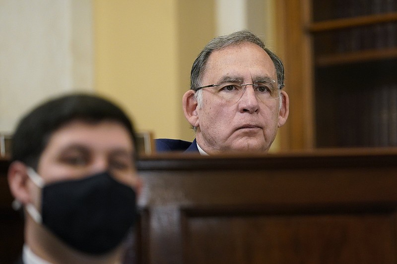 Senate Agriculture, Nutrition, and Forestry Committee ranking member Sen. John Boozman, R-Ark., listens during a hearing on Capitol Hill in Washington, Thursday, March 11, 2021, on climate change. (AP Photo/Susan Walsh)