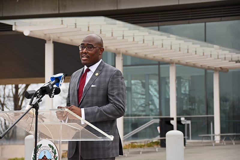 Mayor Frank Scott Jr. speaks during an event Friday, March 12, 2021 marking the one year anniversary of Little Rock’s covid-19 emergency declaration. City officials and key partners came together at the Clinton Presidential Center Celebration Circle to reflect on the past year and have a moment of remembrance for the nearly 300 Little Rock residents lives lost to covid-19. See more photos at arkansasonline.com/313anniversary/..(Arkansas Democrat-Gazette/Staci Vandagriff)