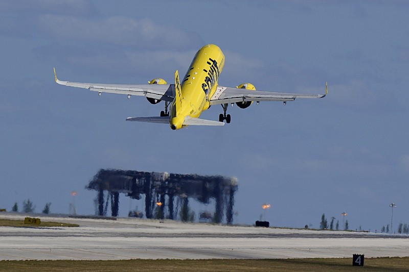 A Spirit Airlines Airbus A320 takes off last month in Fort Lauderdale, Fla. The new covid relief measure provides $15 billion in support for airlines to keep more than 27,000 front-line employees on the job through September.
(AP/Wilfredo Lee)