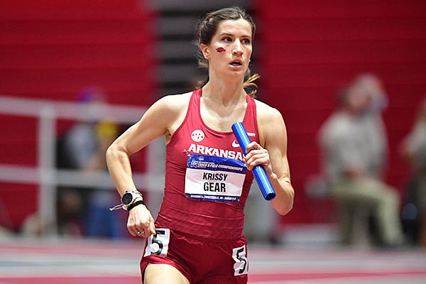 Arkansas' Krissy Gear runs in the distance medley relay during the NCAA Indoor Track and Field Championships on Friday, March 12, 2021, in Fayetteville. Arkansas' Krissy Gear runs in the distance medley relay during the NCAA Indoor Track and Field Championships on Friday, March 12, 2021, in Fayetteville.