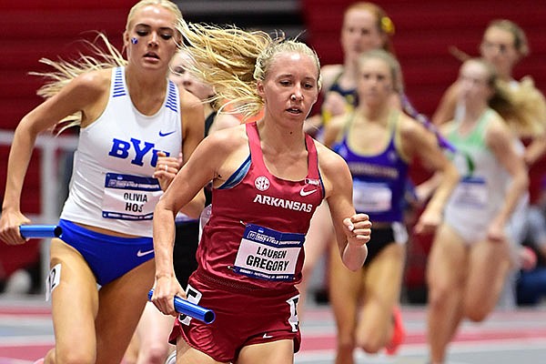 Arkansas' Lauren Gregory runs during the distance medley relay on Day 2 of the NCAA Indoor Track and Field Championships on Friday, March 12, 2021, in Fayetteville. Arkansas' Lauren Gregory runs during the distance medley relay on Day 2 of the NCAA Indoor Track and Field Championships on Friday, March 12, 2021, in Fayetteville.
