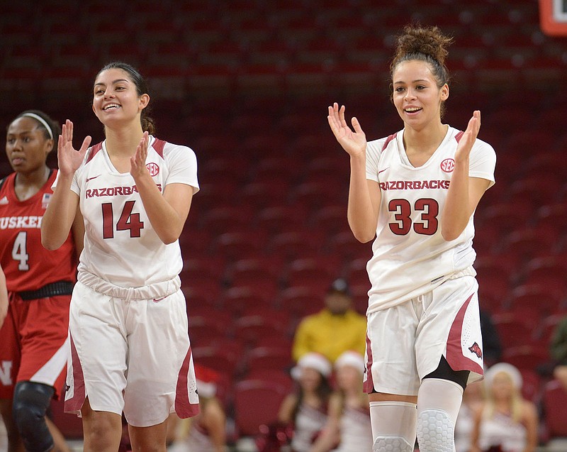 NWA Democrat-Gazette/ANDY SHUPE.Arkansas guards Chelsea Dungee (33) and Jailyn Mason (14) celebrate during the closing moments against Nebraska Tuesday, Dec. 18, 2018, during the second half of the Razorbacks' 84-80 win in Bud Walton Arena. Visit nwadg.com/photos to see more photos from the game.