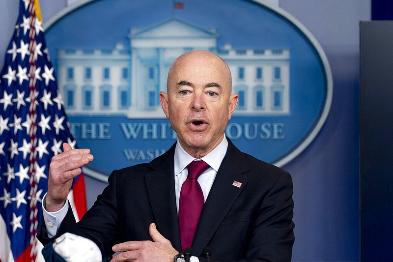 FILE - In this Monday, March 1, 2021 file photo, Homeland Security Secretary Alejandro Mayorkas speaks during a press briefing at the White House in Washington. (AP/Andrew Harnik, File)