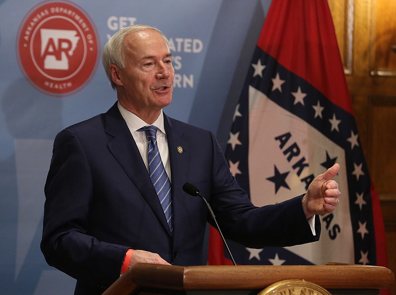 Gov. Asa Hutchinson answers a question during the weekly covid-19 briefing on Tuesday, March 16, 2021, at the state Capitol in Little Rock. (Arkansas Democrat-Gazette/Thomas Metthe)