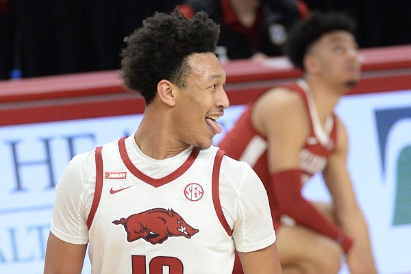 Arkansas forward Jaylin Williams celebrates Wednesday, Feb. 24, 2021, after scoring a basket during the second half of the Razorbacks’ 81-66 win over Alabama in Bud Walton Arena. Visit nwaonline.com/210225Daily/ for the photo gallery.