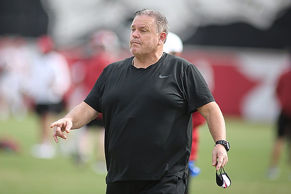 Arkansas football coach Sam Pittman is shown during practice Tuesday, March 16, 2021, in Fayetteville.