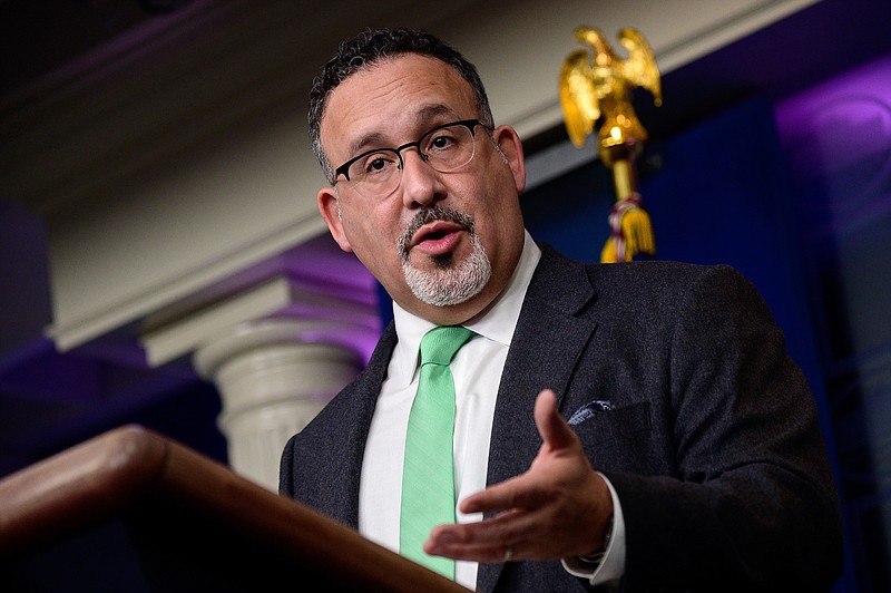 Education Secretary Miguel Cardona said Wednesday at the White House that the $122 billion for K-12 schools would help cover unanticipated expenses and the cost of getting students back on track academically. “We know achievement and opportunity gaps have widened,” he said.
(The New York Times/Erin Scott)