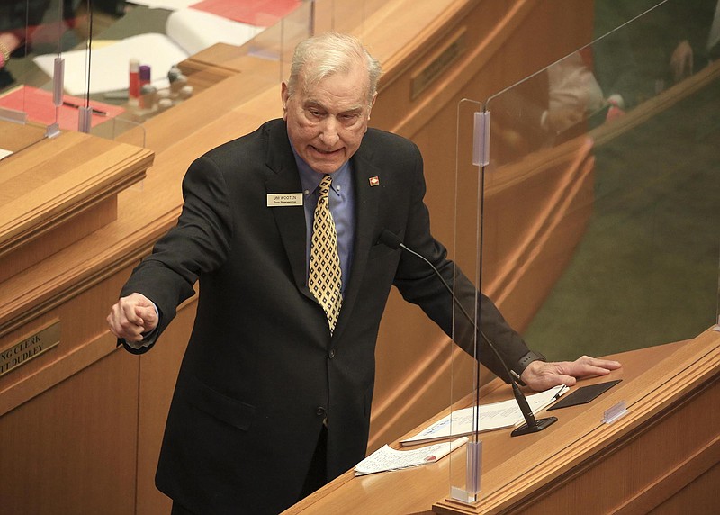 Speaking against House Bill 1371, which would fund private school vouchers for students in need, Rep. Jim Wooten, R-Beebe, called the measure “the final nail that’ll be driven into education, public education, as we know it in this state.”
(Arkansas Democrat-Gazette/Staton Breidenthal)