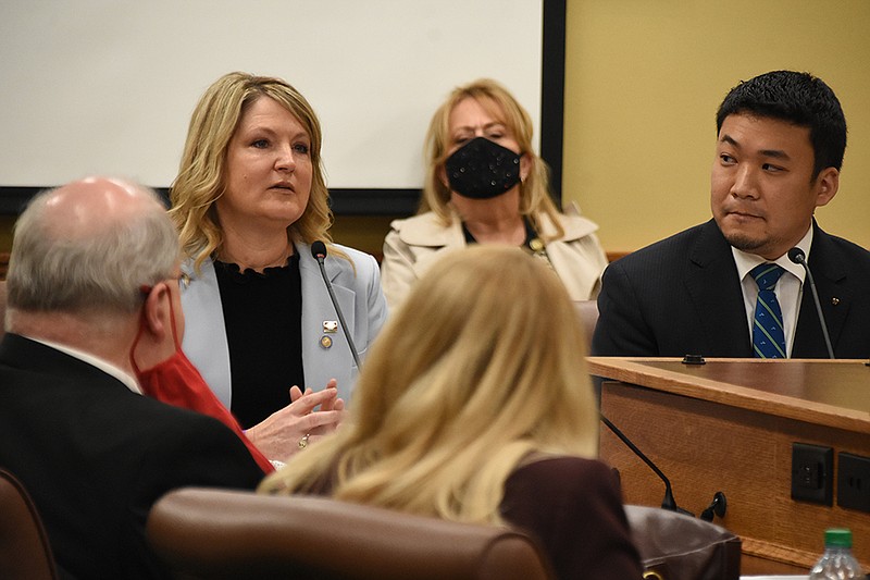 Rep. Sonia Barker, R-Smackover, explains SB354 regarding transgender athletes during the House Education Committee meeting Thursday, March 18, 2021 at the state Capitol in Little Rock. (Arkansas Democrat-Gazette/Staci Vandagriff)