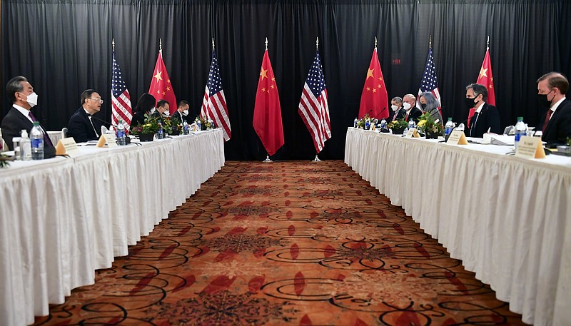 Secretary of State Antony Blinken (second from right), joined by national security adviser Jake Sullivan (right), speaks while meeting Thursday with Chinese foreign affairs chief Yang Jiechi (second from left) and Chinese State Councilor Wang Yi (left) in Anchorage, Alaska.
(AP/Frederic J. Brown)