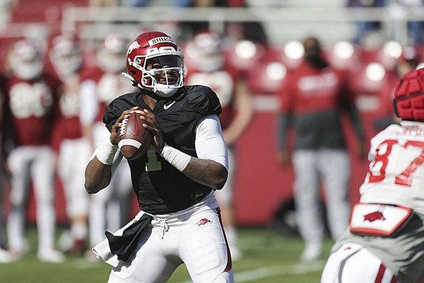 Arkansas quarterback KJ Jefferson looks to pass during a scrimmage Saturday, March 20, 2021, in Fayetteville.
