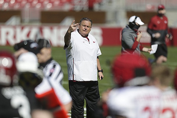 Arkansas coach Sam Pittman is shown prior to a scrimmage Saturday, March 20, 2021, in Fayetteville.