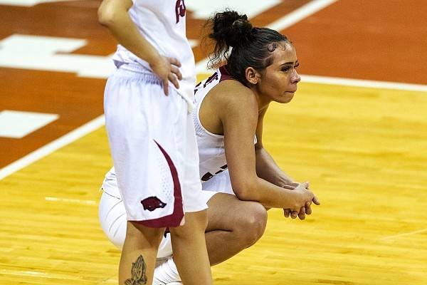 Arkansas guard Chelsea Dungee reacts in the finals moments of Wright State's win during a college basketball game in the first round of the women's NCAA tournament at the Frank Erwin Center in Austin, Texas, on Monday, March 22, 2021. (AP Photo/Stephen Spillman) Arkansas guard Chelsea Dungee reacts in the finals moments of Wright State's win during a college basketball game in the first round of the women's NCAA tournament at the Frank Erwin Center in Austin, Texas, on Monday, March 22, 2021. (AP Photo/Stephen Spillman)