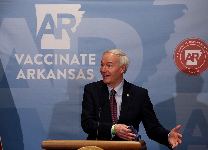 Gov. Asa Hutchinson answers a question during the weekly Covid-19 update on Tuesday, March 23, 2021, at the state Capitol in Little Rock. .(Arkansas Democrat-Gazette/Thomas Metthe)