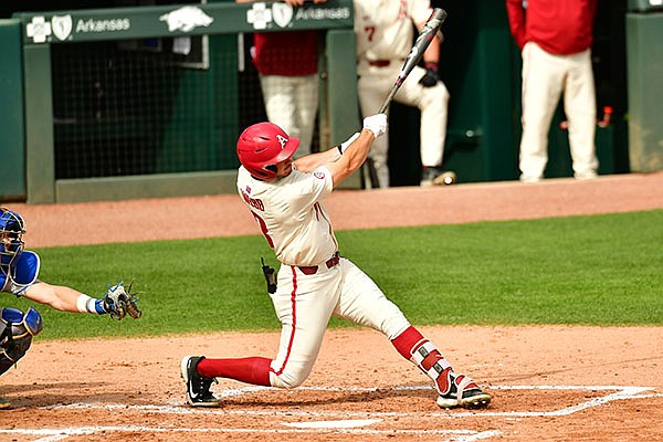 Arkansas outfielder Braydon Webb bats during a game against Memphis on Wednesday, March 24, 2021, in Fayetteville.