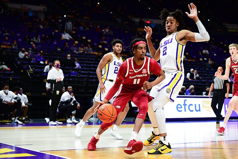 Arkansas guard Jalen Tate and the Razorbacks were put through a grueling practice by Coach Eric Musselman the day after a blowout loss at LSU in January. Tate said the workout helped bring the Hogs together. “As a team, you have to make a decision,” he said. “You have to come together or you’re going to just separate and let the whole season go to waste.”
(Photo courtesy of the SEC)