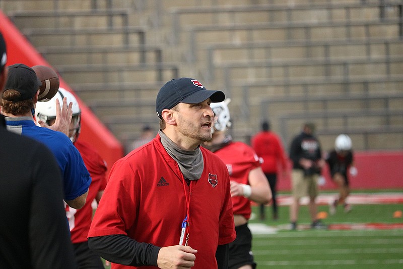 Arkansas State offensive coordinator Keith Heckendorf, shown during spring practice, enters his third season with the Red Wolves, but “I don’t see this as Year 3 at Arkansas State,” he said. “This is a chance to learn and grow, for me to get out of my comfort zone and to continue to expand my knowledge.”
(Photo courtesy of Arkansas State University)