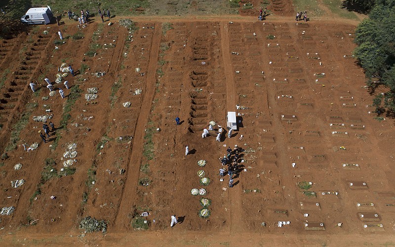 Cemetery workers bury a covid-19 victim Wednesday at the Vila Formosa cemetery in Sao Paulo. On Tuesday, for the first time, Brazil reported more than 3,000 covid-19 deaths in a single day.
(AP/Andre Penner)