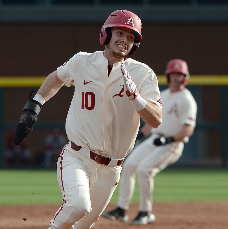Arkansas first baseman Matt Goodheart said the Razorbacks are  looking forward to getting to play Mississippi State this weekend  after last March’s series was wiped out as the coronavirus pandemic began to cancel events across the nation.
(NWA Democrat-Gazette/Andy Shupe)