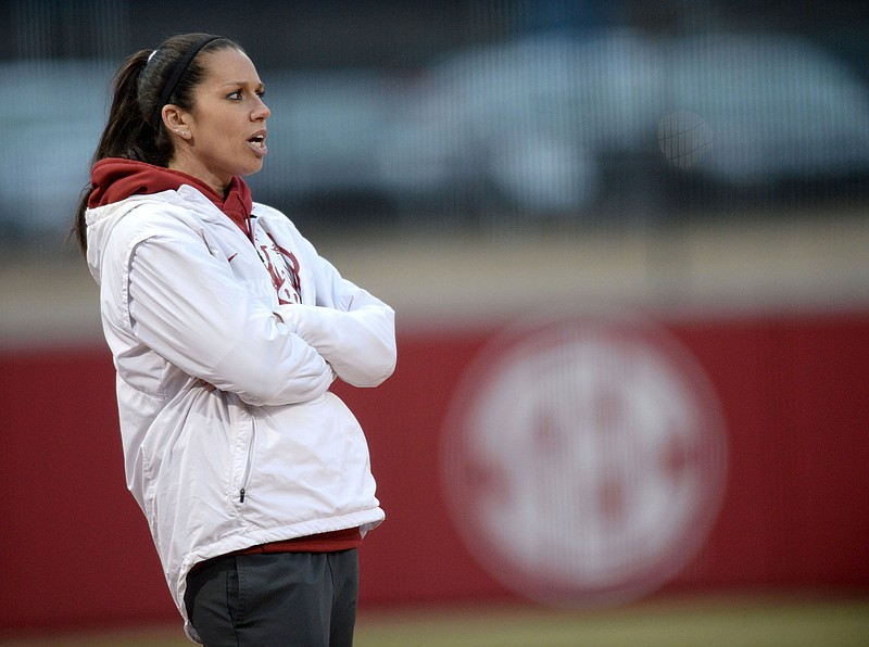 Arkansas softball Coach Courtney Deifel said she is pleased with how the Razorbacks have found different ways to win as a team this season. “It’s not relying on one so much, although we’ve had a few who are obviously incredibly steady,” Deifel said. “But it is someone different every day, and I think that’s big.”
(NWA Democrat-Gazette/Andy Shupe)