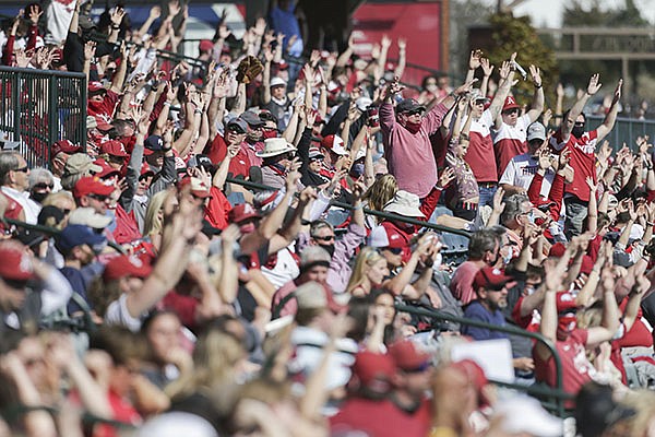 Arkansas baseball fans are shown during a game against Alabama on Sunday, March 21, 2021, in Fayetteville.