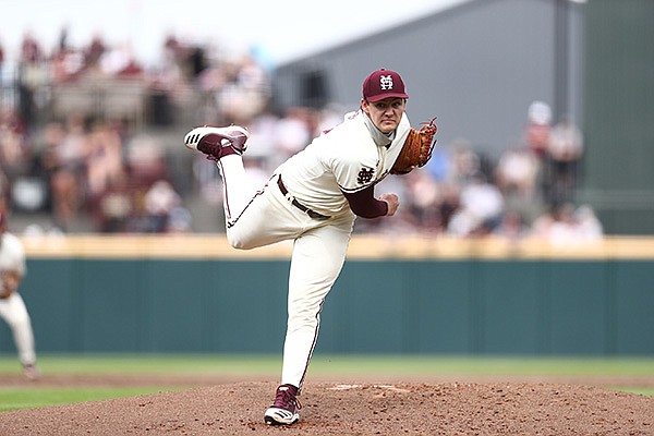 Mississippi State pitcher Will Bednar throws during a game against Arkansas on Saturday, March 27, 2021, in Starkville, Miss. (Photo courtesy Mississippi State Athletics, via Pool)