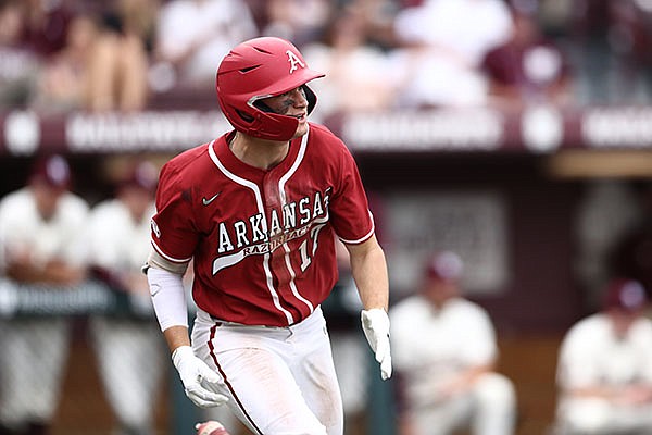 Arkansas first baseman Brady Slavens runs toward first base during a game against Mississippi State on Saturday, March 27, 2021, in Starkville, Miss. (Photo courtesy Mississippi State Athletics, via Pool)