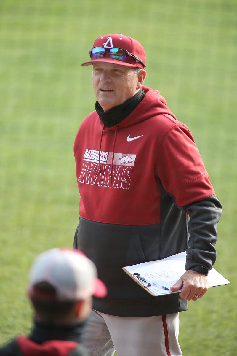 Dave Van Horn, head coach of the University of Arkansas Razorback Baseball, team during practice Friday, January 29, 2021, at Baum-Walker Stadium in Fayetteville. Check out nwaonline.com/2101230Daily/ and nwadg.com/photos for a photo gallery..(NWA Democrat-Gazette/David Gottschalk)