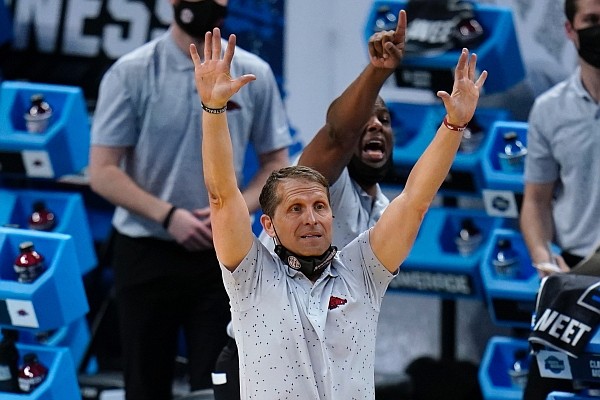 Arkansas coach Eric Musselman reacts during the second half of a Sweet 16 game against Oral Roberts in the NCAA men's college basketball tournament at Bankers Life Fieldhouse, Saturday, March 27, 2021, in Indianapolis. (AP Photo/Jeff Roberson)