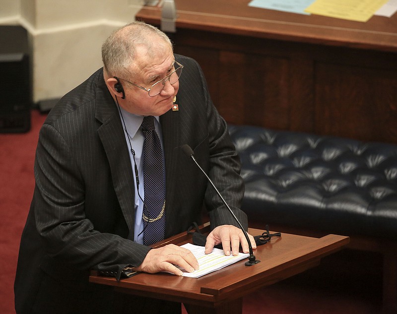 Sen. David Wallace, R-Leachville, presents SB530 that would amend certain provisions of the workers comp law Monday March 29, 2021  at the state Capitol in Little Rock. The bill failed to get  the needed votes to pass. More photos at arkansasonline.com/330leg/. (Arkansas Democrat-Gazette/Staton Breidenthal)