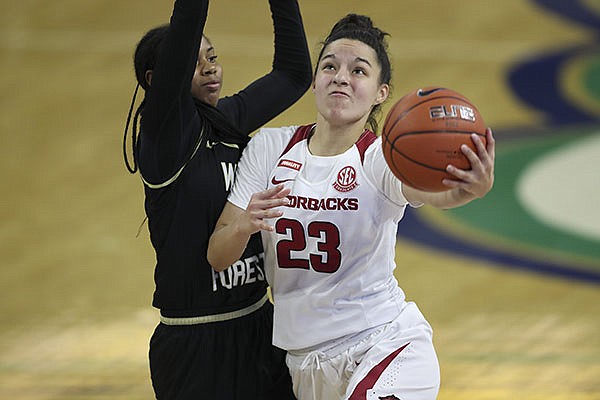 Amber Ramirez #23 of Arkansas in action during an NCAA basketball game on Friday, Nov. 27, 2020 in Fort Myers, Fla. (AP Photo/Mark LoMoglio) Amber Ramirez #23 of Arkansas in action during an NCAA basketball game on Friday, Nov. 27, 2020 in Fort Myers, Fla. (AP Photo/Mark LoMoglio)