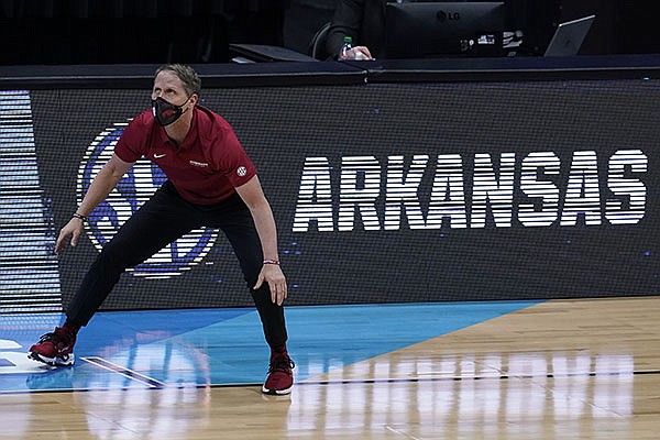Arkansas head coach Eric Musselman watches from the sideline during the second half of an Elite 8 game against Baylor in the NCAA men's college basketball tournament at Lucas Oil Stadium, Monday, March 29, 2021, in Indianapolis. (AP Photo/Michael Conroy) Arkansas head coach Eric Musselman watches from the sideline during the second half of an Elite 8 game against Baylor in the NCAA men's college basketball tournament at Lucas Oil Stadium, Monday, March 29, 2021, in Indianapolis. (AP Photo/Michael Conroy)
