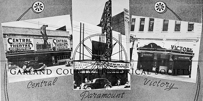 The Central, the Paramount, and The Victory theaters in a 1946 advertisement. The Spa Theater at 314-316 Ouachita was opened before 1929. It was renamed Victory Theater in the late 1930s and reverted to the name “Spa Theater” in the early 1950s. The site is now part of Lindell Square.