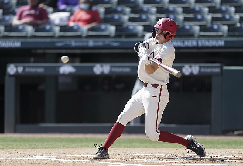 Arkansas’ Matt Goodheart earned SEC player of the week honors Monday after going 8 for 20 with 4 home runs and 7 RBI in games against Memphis and Mississippi State.
(NWA Democrat-Gazette/Charlie Kaijo)