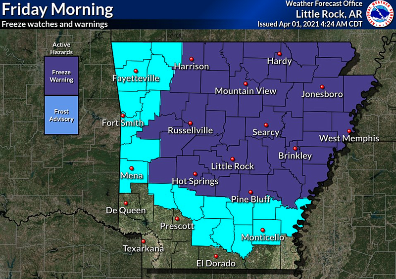 Forecasts show freeze watches and warnings for most of the state early Friday morning, according to this National Weather Service graphic.