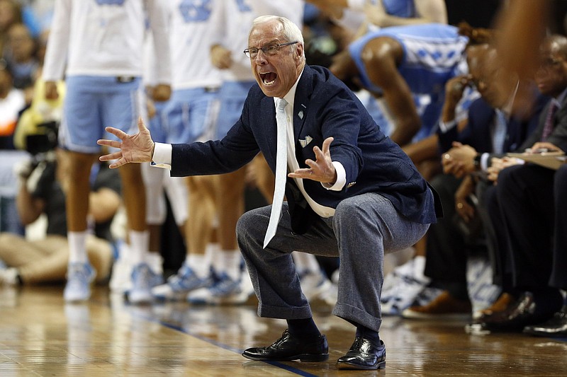 North Carolina head coach Roy Williams reacts during the second half of an NCAA college basketball game against Virginia Tech at the Atlantic Coast Conference tournament in Greensboro, N.C., in this Tuesday, March 10, 2020, file photo. 
(AP Photo/Ben McKeown, File)