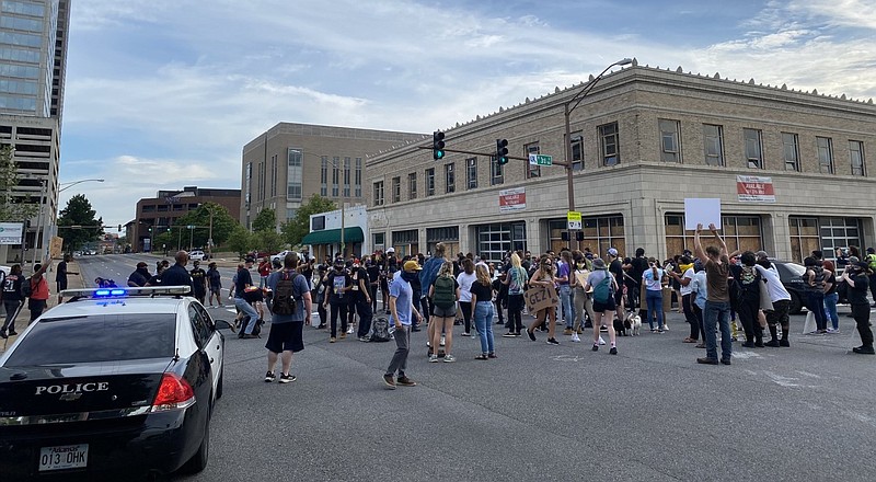 Protesters rally at the intersection of West Third Street and Broadway in Little Rock in this June 2, 2020, file photo. (Arkansas Democrat-Gazette/Joseph Flaherty)