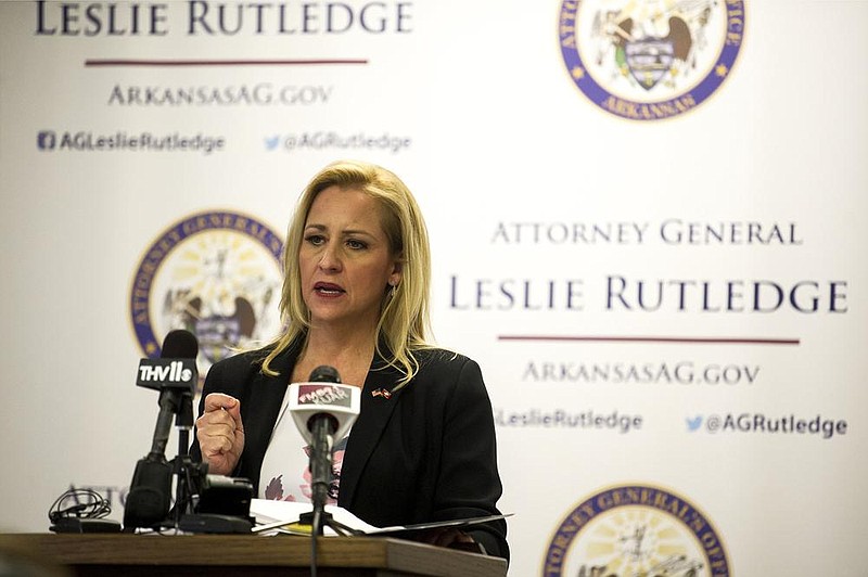 Arkansas Attorney General Leslie Rutledge gives a press conference in this Wednesday, Feb. 19, 2020 file photo.