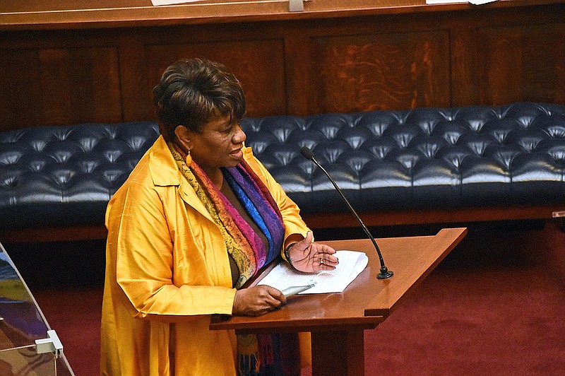 “There is no threat to the Second Amendment,” Sen. Linda Chesterfield said Wednesday in speaking against Senate Bill 298, which would be known as the “Arkansas Sovereignty Act of 202.” Senators approved the bill, 28-7. (Arkansas Democrat-Gazette/Staci Vandagriff)