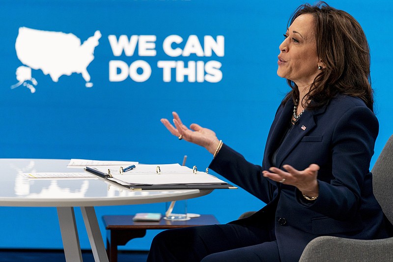 Vice President Kamala Harris speaks during a virtual meeting with community leaders to discuss COVID-19 public education efforts in the South Court Auditorium in the Eisenhower Executive Office Building on the White House Campus, Thursday, April 1, 2021, in Washington. (AP Photo/Andrew Harnik)