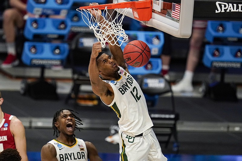 Guard Jared Butler (12) helped lead Baylor to its first Final Four since 1950. Butler and the Bears will play Houston in the first of two games in the Final Four today in Indianapolis.
(AP/Michael Conroy)