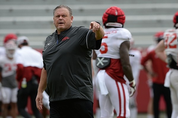 Arkansas coach Sam Pittman directs his players Saturday, April 3, 2021, during a scrimmage at Razorback Stadium in Fayetteville. Visit nwaonline.com/210404Daily/ for the photo gallery.