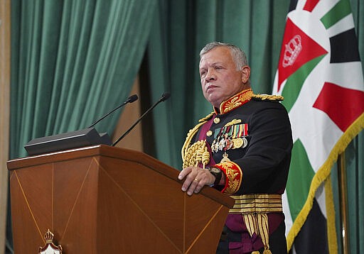 Jordan's King Abdullah II gives a speech during the inauguration of the 19th Parliament's non-ordinary session in Amman, Jordan, in this Dec. 10, 2020, file photo. (Yousef Allan/The Royal Hashemite Court via AP)