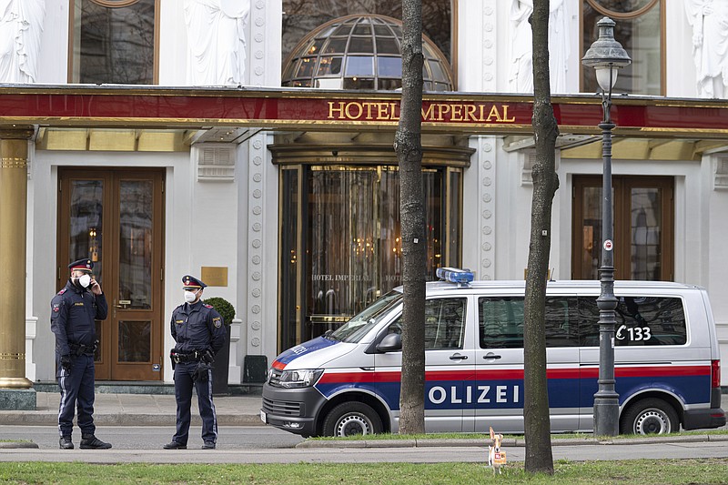 olice officers stand in front of Hotel Imperial where a delegation from Iran is staying in Vienna, Austria, Tuesday, April 6, 2021. Foreign ministry officials from the countries still in the accord, the so-called Joint Comprehensive Plan of Action, are meeting in Vienna to push forward efforts to bring the United States back into the 2015 deal on Iran’s nuclear program. (AP Photo/Florian Schroetter)