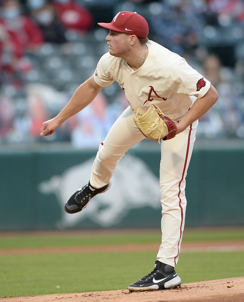 Arkansas starter Kole Ramage delivers to the plate Tuesday, March 30, 2021, during the first inning of play against Central Arkansas in Baum-Walker Stadium in Fayetteville. Visit nwaonline.com/210331Daily/ for today's photo gallery. .(NWA Democrat-Gazette/Andy Shupe)
