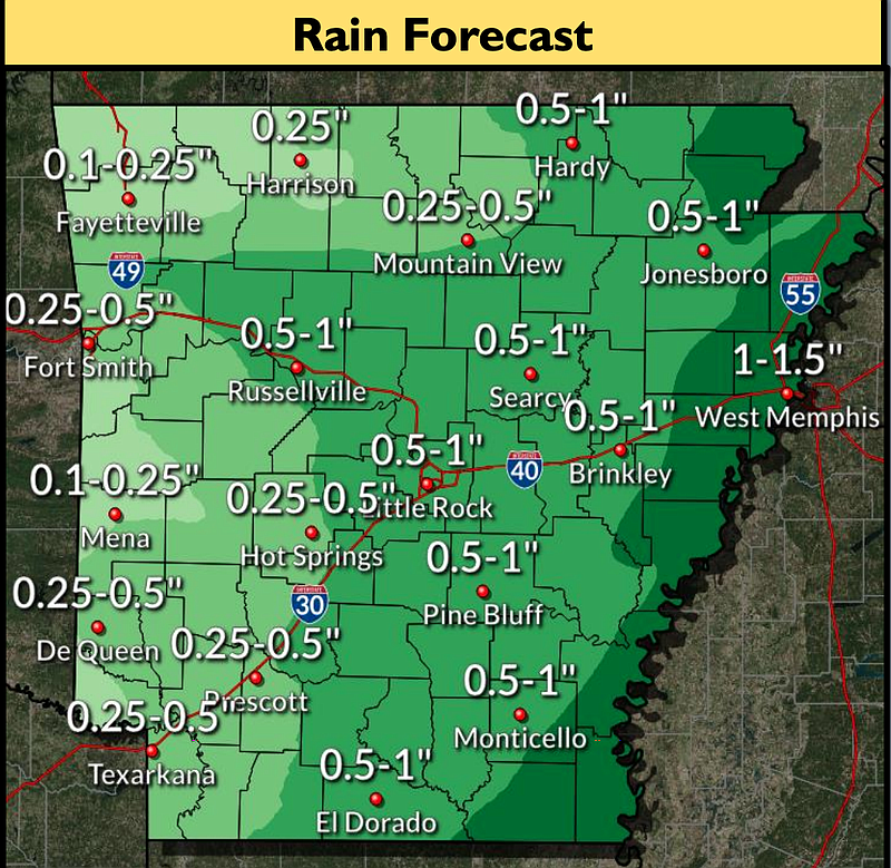 Up to an inch of rain is expected statewide Wednesday, according to the National Weather Service.
